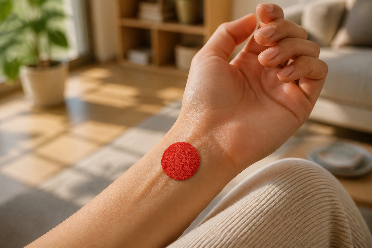 Close-up of a vibrant red metabolic patch on the forearm