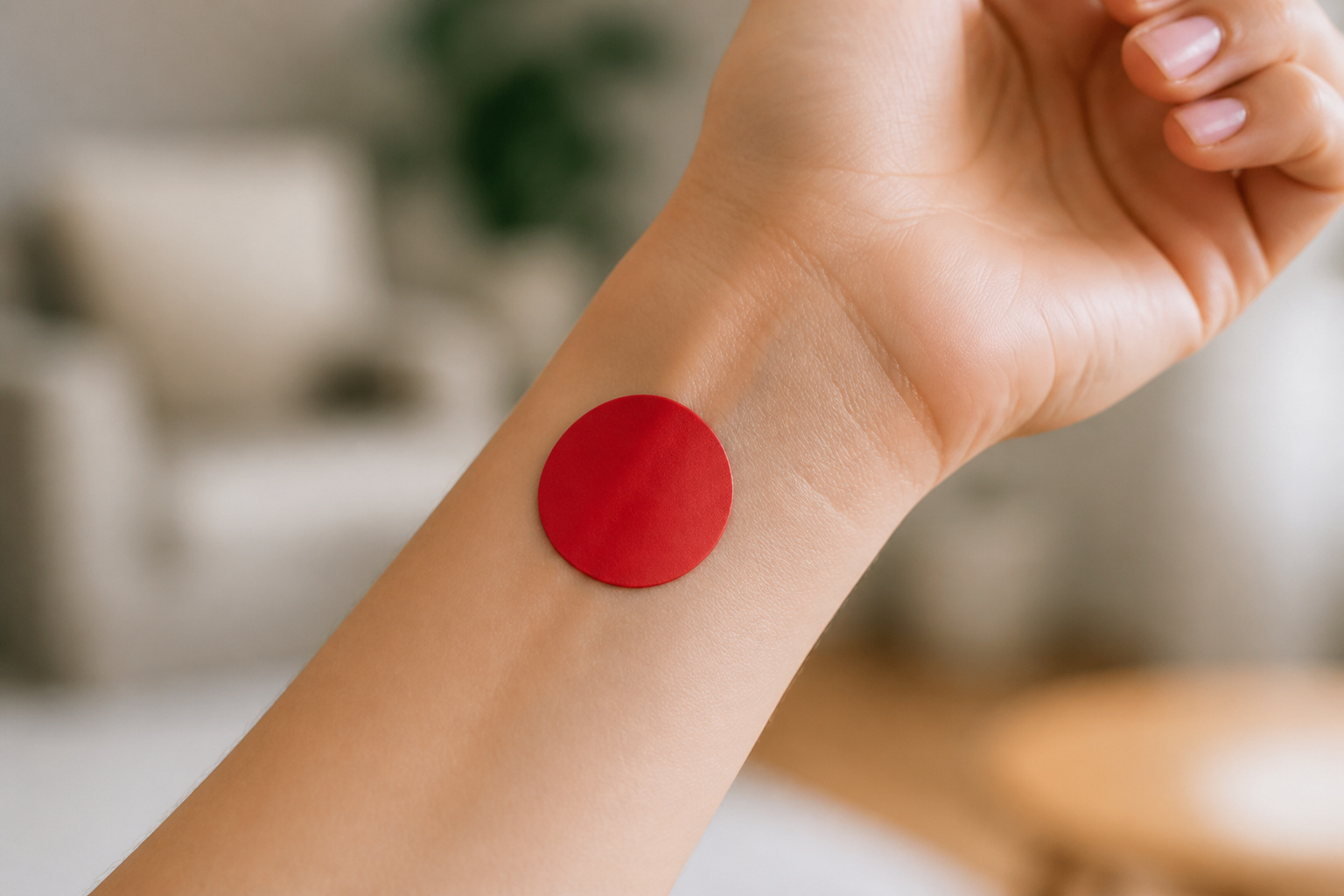 Close-up of a bright red metabolic patch on a forearm